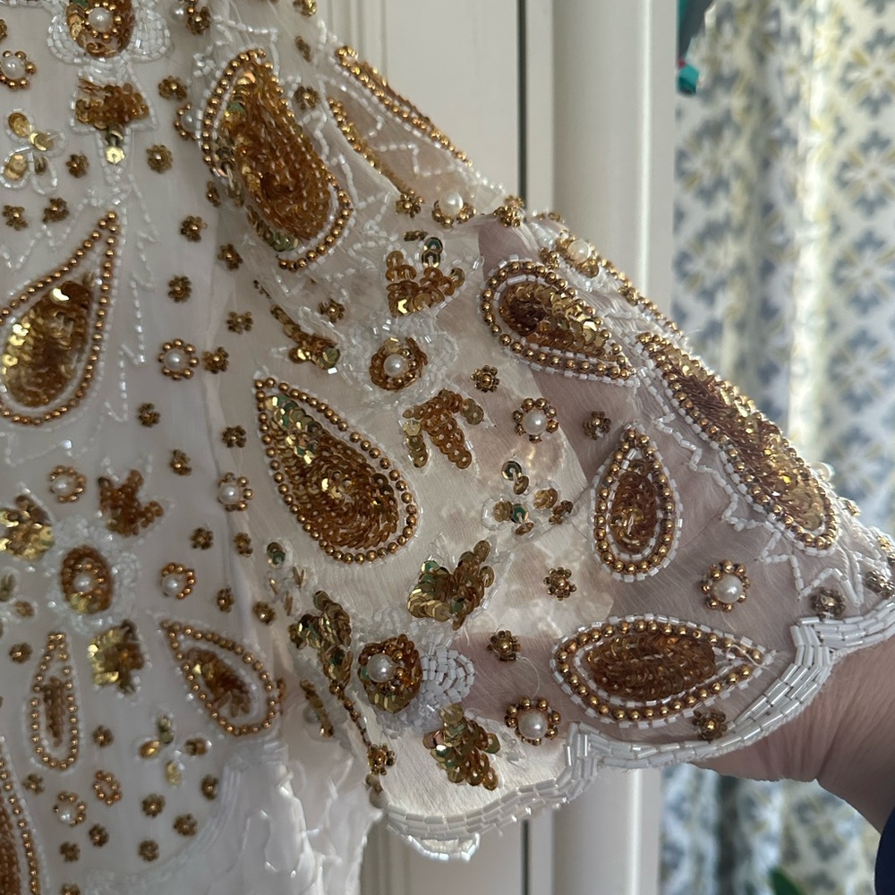 Vintage Lawrence Kazar Silk Beaded Sequined White And Gold Evening Dress Size L - Picture 3 of 7